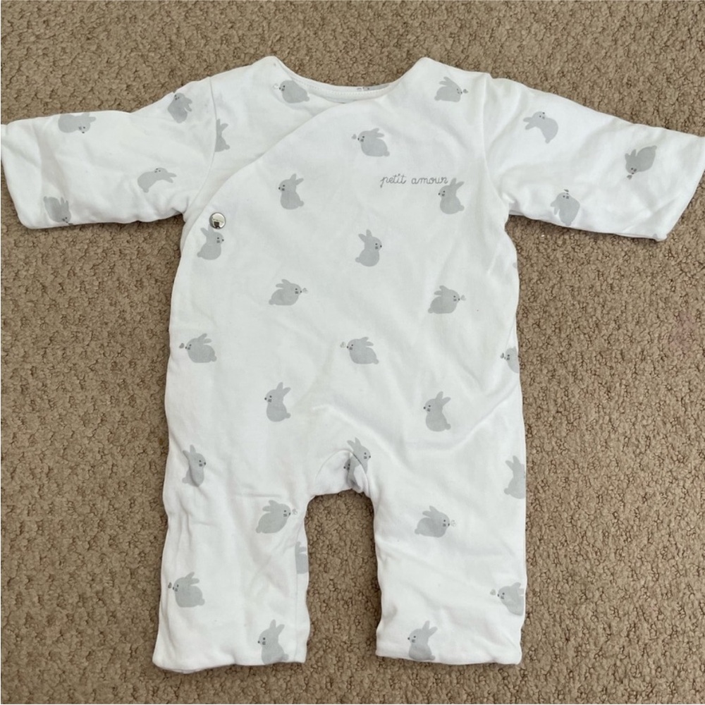 Jacadi White Baby Footie with Gray Bunny Print